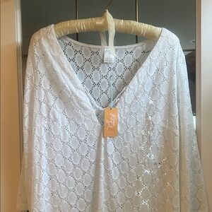 Kensie White Eyelet V-Neck swim cover-up